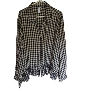 Grace + Karma Womens 3X Gingham Button Down Shirt Black White Eyelet Hem Plaid
